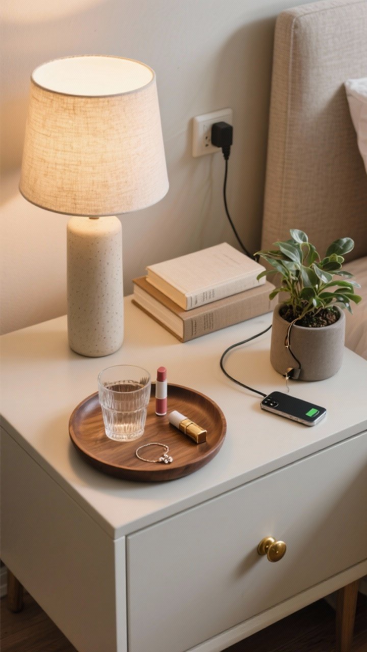Photorealistic closeup overhead shot of a styled nightstand: a small round wood tray corralling glasses, lip balm, and simple jewelry; layered heights with a tall ceramic lamp, a medium stack of two linen-bound books, and a low plant in a matte pot; concealed cable clipped behind the table with a sleek phone charging stand, and a swapped brass knob on the drawer for personality; warm lamp glow and tidy, intentional arrangement.
