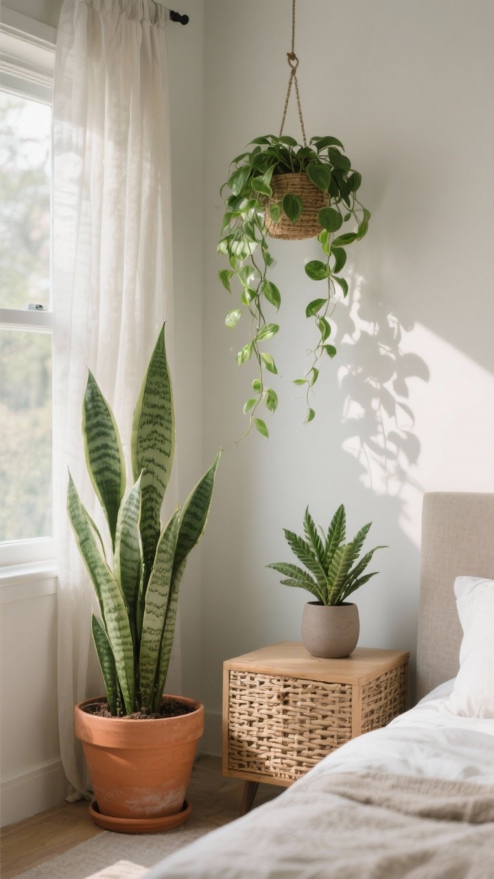 Photorealistic corner-angle medium shot of bedroom greenery: a tall snake plant in a terracotta pot by the window, a hanging pothos trailing from a ceiling hook, and a small ZZ plant on the nightstand in a matte ceramic pot; mix of real and realistic faux leaves with textured surfaces; woven basket cachepot for added coziness; soft daylight filtering through sheers, leaves casting gentle shadows, fresh and alive atmosphere.