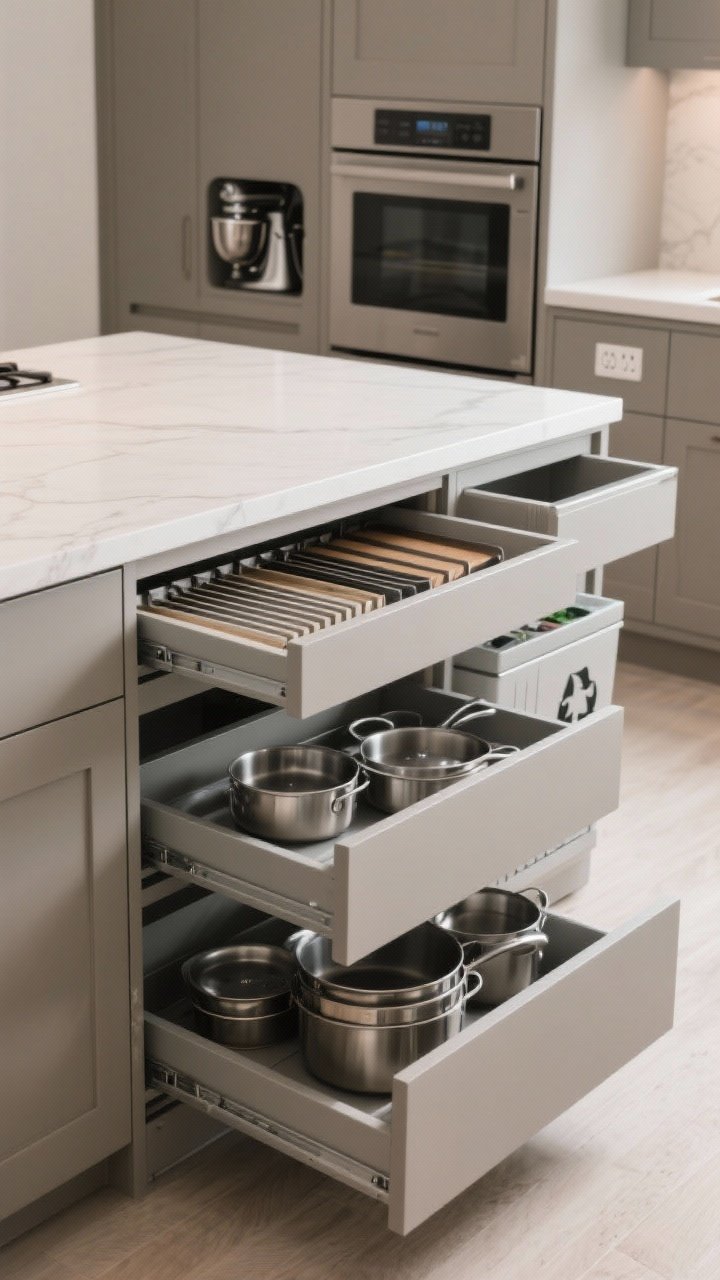 Photorealistic cutaway-style or open-drawer detail shot of island storage: deep full-extension drawers holding pots and pans, vertical tray dividers for baking sheets, a pull-out trash and recycling center near the prep area, and a concealed appliance garage door ajar with a mixer inside. Include a discreet pop-up or under-overhang hidden power outlet. Neutral, even lighting emphasizing organization and matte cabinetry textures.