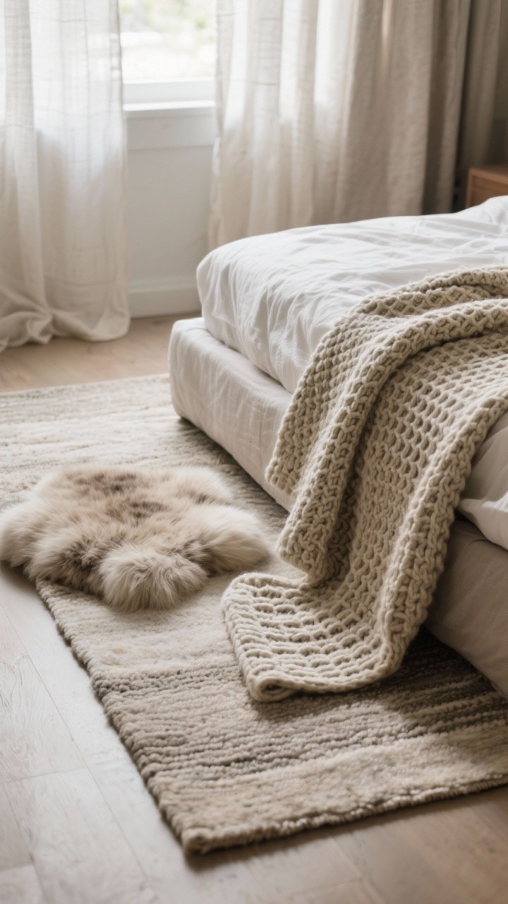 Photorealistic detail closeup focusing on layered textures: a low-pile neutral base rug with a small faux-fur rug placed beside a bed, cotton sheets peeking from under a waffle blanket and a chunky knit throw folded at the end. Linen or cotton curtains softly diffusing daylight in the background. Natural fibers emphasized; avoid shiny synthetics. Overhead angle capturing tactile variety and cozy, nap-time softness.
