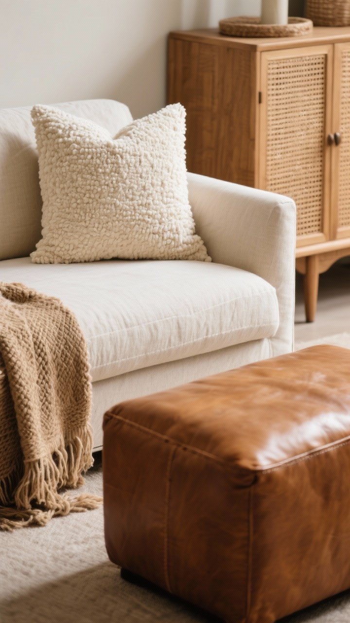 Photorealistic detail closeup highlighting textures: a cream bouclé pillow on a linen sofa, a caramel leather ottoman nearby, and a cane-front cabinet in the background; include complementary natural fibers like a jute or wool throw; limit to two or three textures in the vignette to stay balanced; warm, diffused light emphasizing tactile surfaces and depth