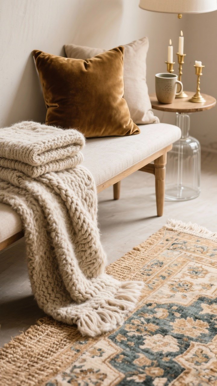 Photorealistic detail closeup of layered textures: a nubby wool rug with a jute base partially overlapped by a faded patterned Persian rug, a folded mohair throw and a cable-knit blanket stacked on a bench, a velvet cushion adding silky contrast, brass candlesticks and a ceramic mug on a smooth glass lamp base nearby; warm neutral palette with 60% soft neutrals, 30% aged patterns, 10% high-contrast accents; soft diffused daylight, top-down angled shot to show layers.