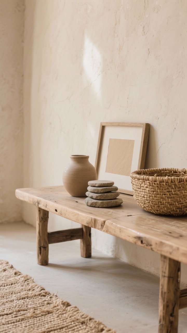 Photorealistic detail closeup of natural, matte materials on a rustic console: unglazed clay ceramics, a small stack of stone coasters, a seagrass basket half in frame, and a swatch of limewash wall behind in warm bone/oatmeal tone; include unfinished oak surface with subtle wax sheen and a jute rug edge below; soft, diffused daylight to emphasize raw, non-gloss textures, no reflections