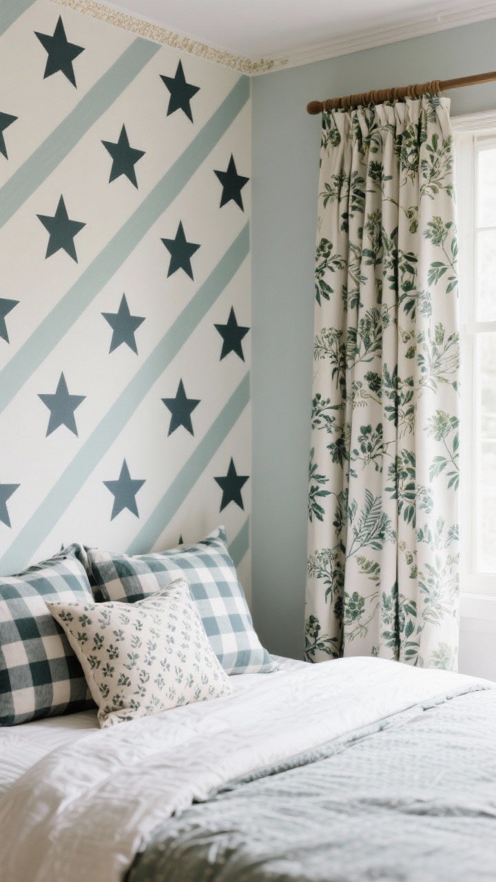 Photorealistic detail shot emphasizing pattern play without overwhelm: a tight palette of 2–3 repeated colors across one large-scale pattern (duvet or removable wall mural), one medium-scale pattern (curtains), and one small-scale pattern (throw pillows). Timeless motifs like stars, stripes, botanicals, or gingham. Soft natural light, peel-and-stick wallpaper visible at the edge to imply flexibility. Closeup composition showcasing scale contrast and color repetition.