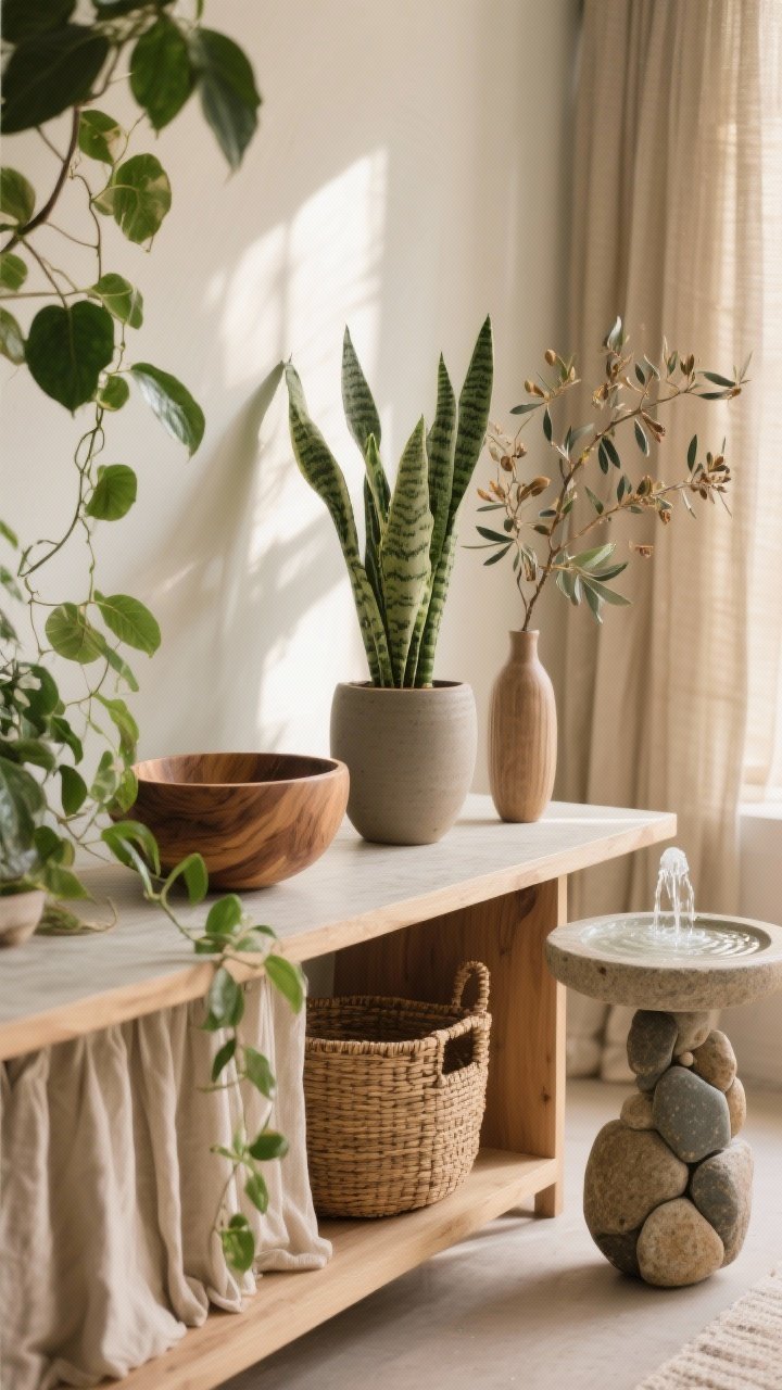 Photorealistic detail shot highlighting nature elements on a console: easy-care plants (pothos trailing from a ceramic pot, snake plant upright in a matte planter), a wood bowl with organic grain, rattan basket tucked below, linen curtains softly diffusing light in the background, and a pebble-shaped side table edge entering frame; a tiny tabletop water fountain to one side with gentle ripples; dried olive branches in a slim vase for zero-maintenance greenery; warm, earthy neutrals with touches of soft green; morning light catching leaf texture and wood tone, overhead three-quarter view for tactile, serene feel