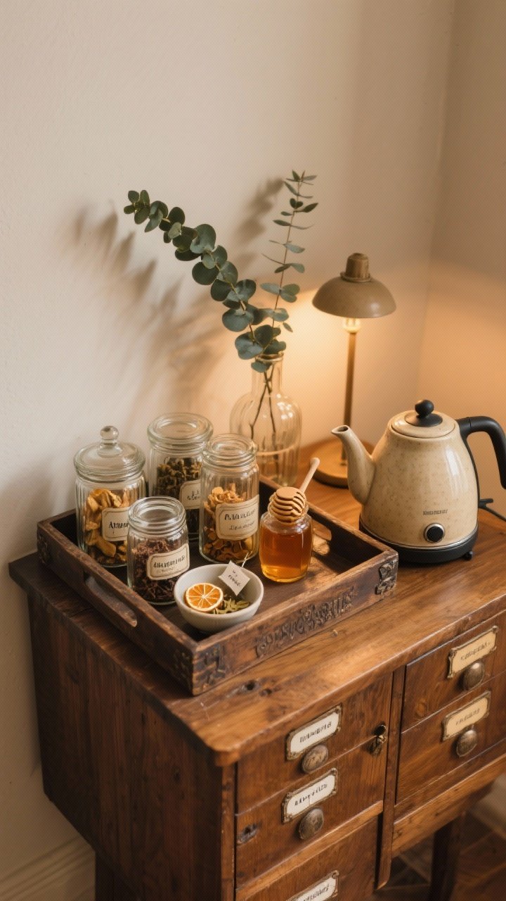 Photorealistic detail shot of a petite tea/tonic station: an antique wooden tray on a sideboard corralling labeled vintage glass jars of tea, adaptogens, and dried citrus slices, a ceramic teapot beside an electric kettle, honey jar with dipper, a tiny bowl for used tea bags, a sprig of eucalyptus in a bud vase, and a small lamp; warm, intimate lighting highlighting glass and wood textures; overhead perspective emphasizing organization and apothecary vibe.