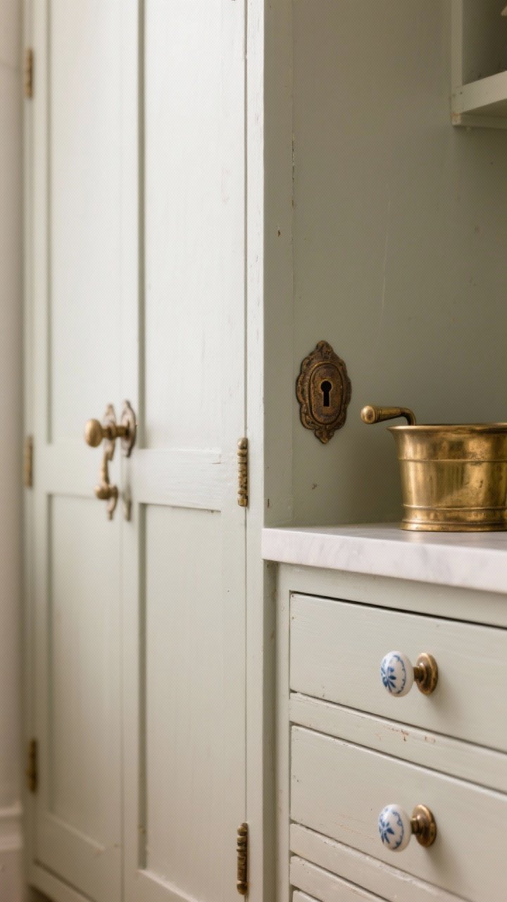 Photorealistic detail shot of antique-style cabinet hardware installed on painted kitchen cabinetry: unlacquered brass bin pulls on drawers, porcelain knobs on doors, and an aged bronze latch on a tall pantry; subtle patina and “living finish” wear visible; neutral cabinet color backdrop; shallow depth of field highlighting metal tones that are match-ish within the same warm family; side-angle view with soft ambient lighting