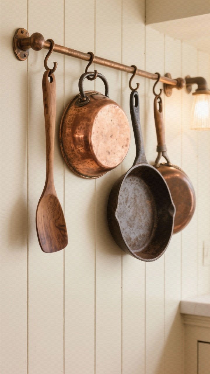 Photorealistic detail shot of curated cookware on display: a wall-mounted pot rail with S-hooks holding a patinated copper pot, a vintage cast-iron skillet, and wooden utensils; limited palette of copper, iron, and wood for cohesion; beadboard backdrop in muted cream; consistent finish choice (lightly polished copper with visible age); side angle with soft, warm task lighting