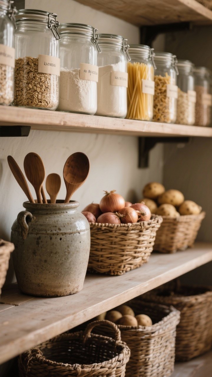 Photorealistic detail shot of honest storage: a row of uniform glass jars decanted with flour, oats, and pasta (subtle labels optional), a heavy vintage stoneware crock brimming with wooden spoons and ladles, and woven baskets holding onions and potatoes on a lower shelf; warm, utilitarian feel; soft side lighting highlighting textures; straight-on close framing