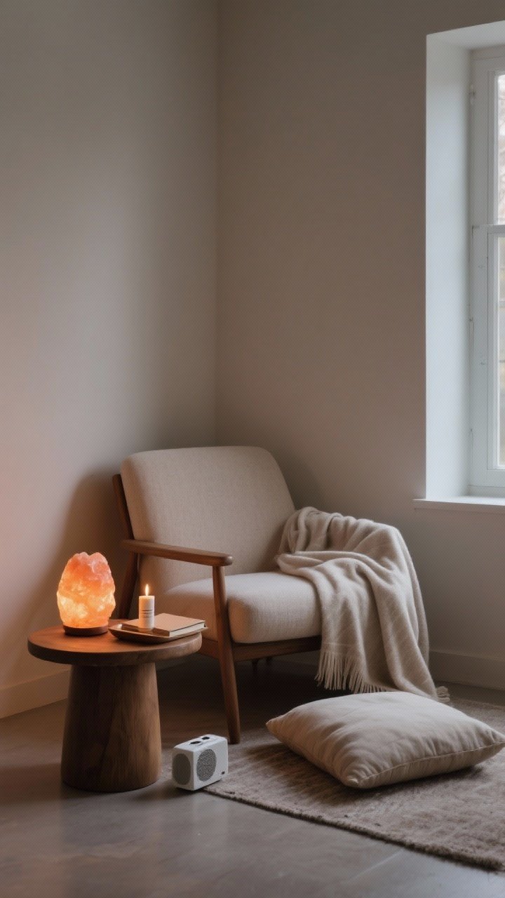 Photorealistic intimate nook closeup-to-medium shot: a cozy ritual corner with a low accent chair draped in a soft throw, a small round stool as a side table holding a tray with a candle, journal, and hand cream; a gentle salt lamp casting warm amber light, and a compact white noise machine or tiny speaker nearby; floor cushion tucked under the stool; evening lighting, tranquil mood, minimalist decor in neutral tones.