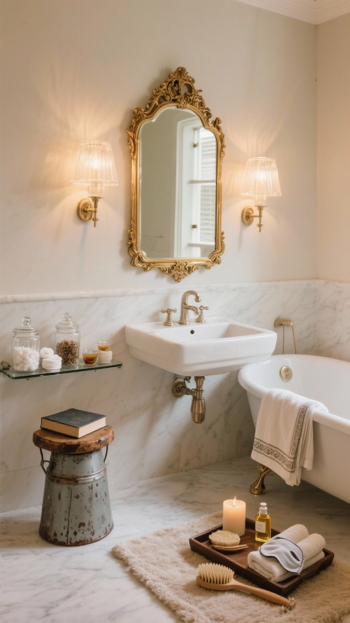 Photorealistic medium bathroom spa vignette: a gilded antique mirror above a sink with frosted sconces casting flattering warm light, clear apothecary jars filled with bath salts, cotton rounds, and tea blends on a small shelf, a vintage milking stool beside a tub holding a candle and a book, Turkish towels neatly folded with a plush bath mat underfoot, and a weekly ritual tray with a dry brush, body oil, and a face mask; serene, clean, hotel-like calm, straight-on framing.