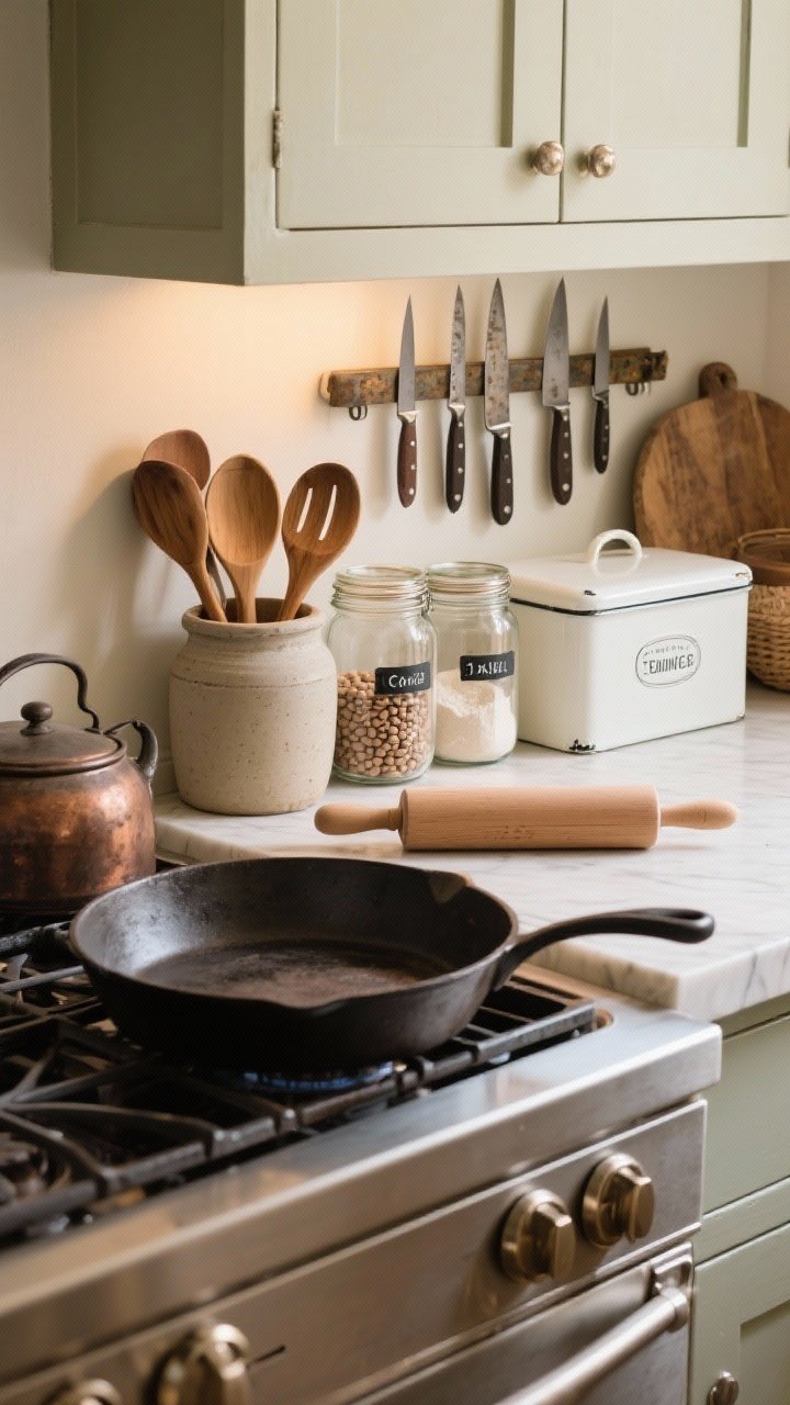 Photorealistic medium closeup of a practical workstation showcasing heritage cookware and tools: a cast iron skillet on the stove, stoneware crocks corralling wooden spoons and a rolling pin, French canning jars on the counter, and a white enamel bread box; a magnetic knife strip with carbon steel knives showing gentle patina; glass canisters labeled and filled with flour and beans; lived-in arrangement implying daily use; warm ambient light for a cozy, functional vibe.