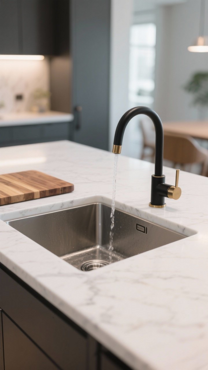 Photorealistic medium closeup of a prep sink on the island’s work side: compact undermount sink set into a white quartz top, matte black pull-down sprayer faucet (or brushed brass variant), with a fitted wood cutting board insert partially covering the sink. The seating side remains splash-free and visible in background bokeh. Bright task lighting with a calm, functional ambiance.