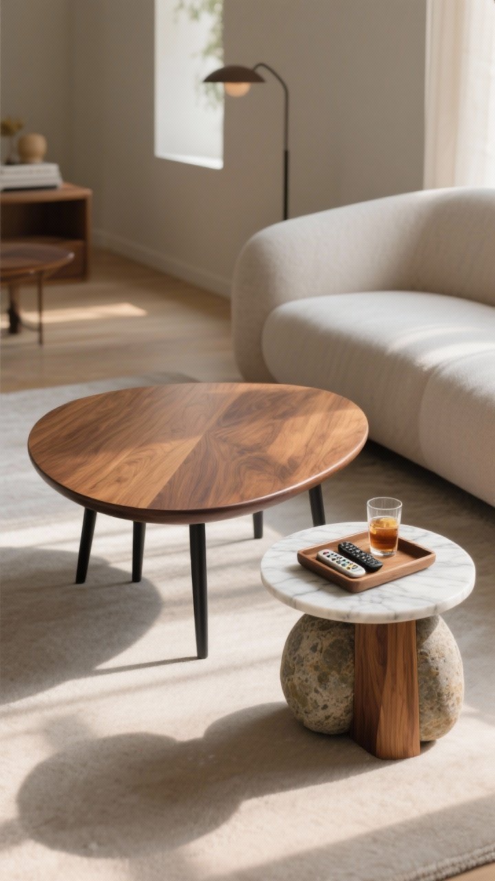 Photorealistic medium closeup of organic-shaped tables in a living room: a walnut kidney coffee table paired with a smaller pebble-shaped nesting side table; rounded corners for easy flow; mixed materials—wood top with slim matte black metal legs and a marble-top side table with a wooden base; a tray-top element corralling remotes and a drink; warm afternoon light skimming curved edges