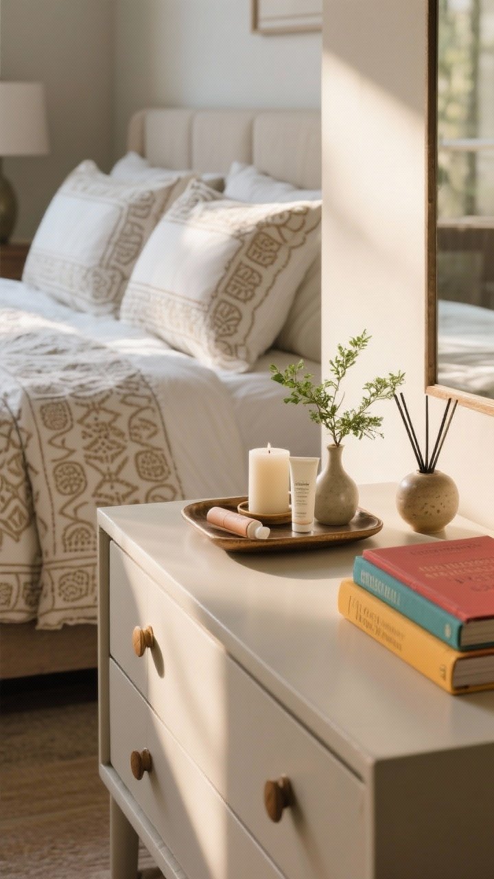 Photorealistic medium detail shot of purposeful personality accents on a dresser vignette: statement bedding visible in the background (subtle patterned duvet with embroidered pillows), a small ritual tray holding a minimalist candle, hand cream, and a petite bud vase with a sprig of greenery; a short stack of 2–3 colorful books adding character; a discreet ceramic diffuser off to the side; lighting warm and calm, with gentle afternoon glow; camera angle: three-quarter close view focusing on the curated objects without clutter