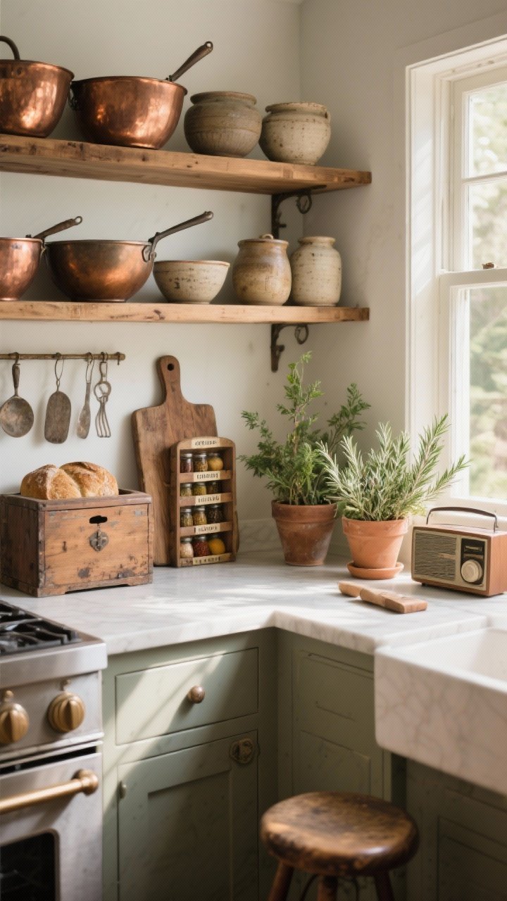 Photorealistic medium kitchen composition with old-world tools: open wooden shelves displaying mixing bowls, copper pots, and stoneware crocks that look used, a wood bread box and well-worn cutting boards leaning for warmth, a vintage spice rack with clearly labeled fresh spices, a sunny herb corner with terra-cotta pots of rosemary and thyme by the window, and a low stool tucked near a chopping station with a small radio; clean counters, soft morning light, angled from counter height.