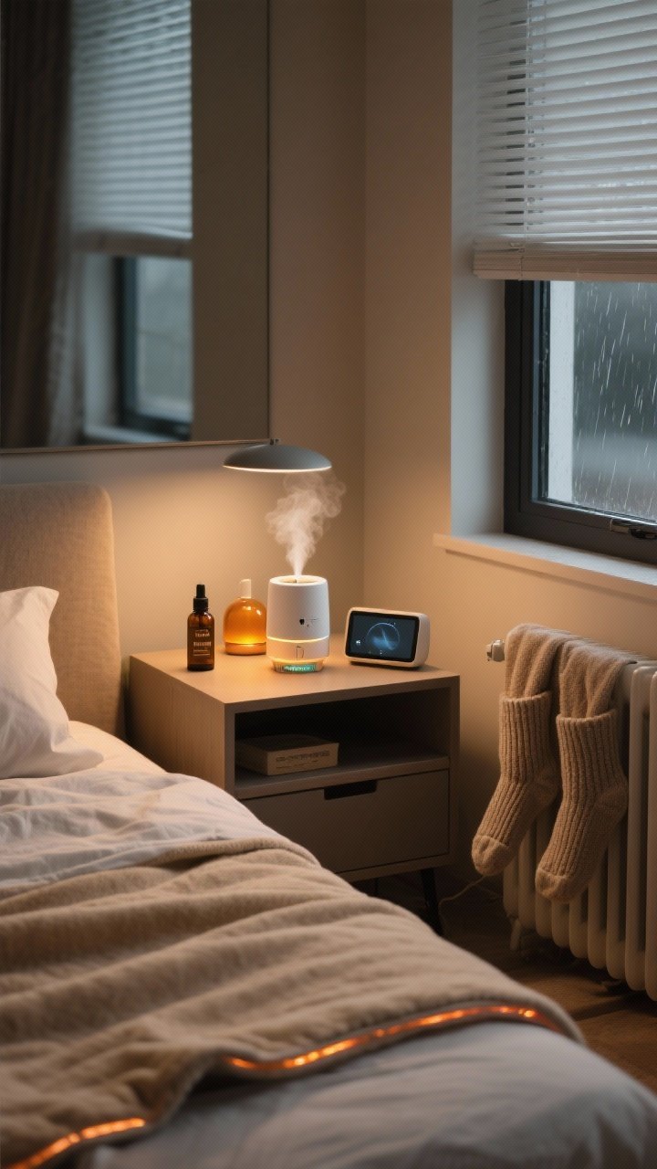 Photorealistic medium shot focused on sensory warmth: a bed with a subtly visible heated blanket edge tucked beneath an oatmeal duvet, a compact humidifier on the nightstand emitting a soft mist, and an essential oil diffuser glowing amber with cedarwood/bergamot notes suggested by labeled bottles. Include closed windows to imply quiet, and a small Bluetooth speaker playing a soft rain/white-noise vibe (screen off). Add a pair of thick socks warming on a low-profile radiator or towel warmer nearby. Ambient lighting is low and cozy, 2700K.