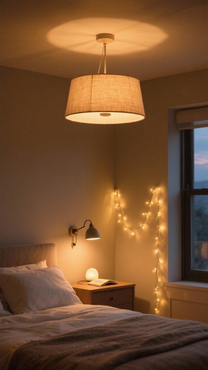 Photorealistic medium shot highlighting layered cozy lighting: a warm-dim ceiling fixture (2700K) with a fabric shade for ambient light, a wall-mounted or clip-on reading light beside the bed for task lighting, and soft accent string lights draped subtly or a small nightlight on a dresser. Evening scene with gentle, golden illumination and soft shadows that feel hug-like. Corner angle framing all three light sources.