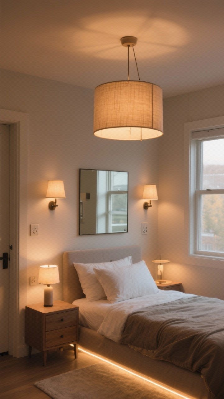 Photorealistic medium shot highlighting layered lighting in a small bedroom: a fabric drum pendant providing warm ambient light (2700K), matching wall-mounted bedside sconces freeing the nightstands, a small accent lamp glowing on a dresser, and a subtle LED strip under the bed casting a soft halo; include a mirror opposite a window reflecting natural light; dimmer controls visible near the doorway; overall mood warm and cozy without harsh glare; camera angle: eye-level, slight angle to capture all three lighting types in one frame