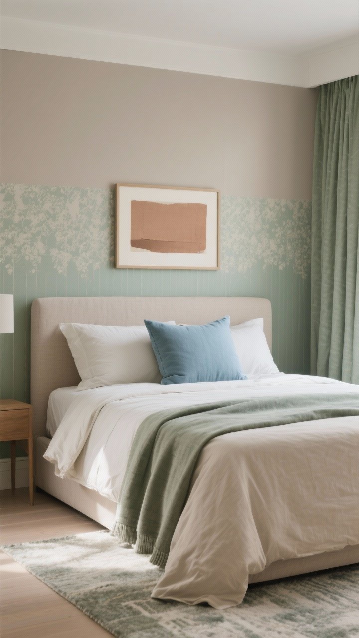 Photorealistic medium shot of a calm, curated color palette bedroom wall: 60/30/10 composition featuring 60% neutral base (oatmeal-toned bedding and light taupe walls), 30% complementary sage in curtains and rug, and 10% accent in misty blue pillows and a clay-toned art print; low-contrast, desaturated hues; removable wallpaper panel behind the headboard for a color moment; layered tones of sage (light, medium, deep) on textiles; soft afternoon light for a serene mood.