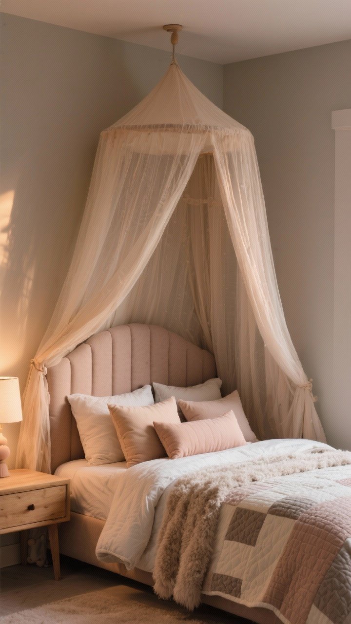 Photorealistic medium shot of a child’s bed transformed into a snuggle-ready nook: a ceiling-mounted gauzy canopy draping around the bed, a soft upholstered headboard, and piles of pillows (two oversized Euro pillows, two standard pillows, and a long lumbar cushion). Bedding layered with a quilt over a fluffy duvet for extra plushness. Warm, cozy evening lighting with gentle shadows, neutral walls, and natural wood nightstand. No people, straight-on angle focused on the bed cocoon.