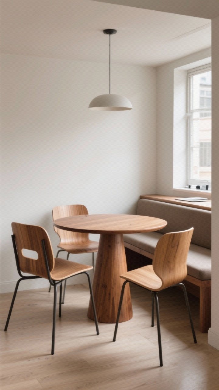 Photorealistic medium shot of a compact dining nook: a round pedestal table in warm wood, paired with slim sculpted chairs—mix of open-backed wooden and molded plastic seats for coordinated-not-identical look; an optional bench on one side doubling as a work zone; round or oval tabletop softening straight lines; clear sightlines, natural daylight grazing the surfaces