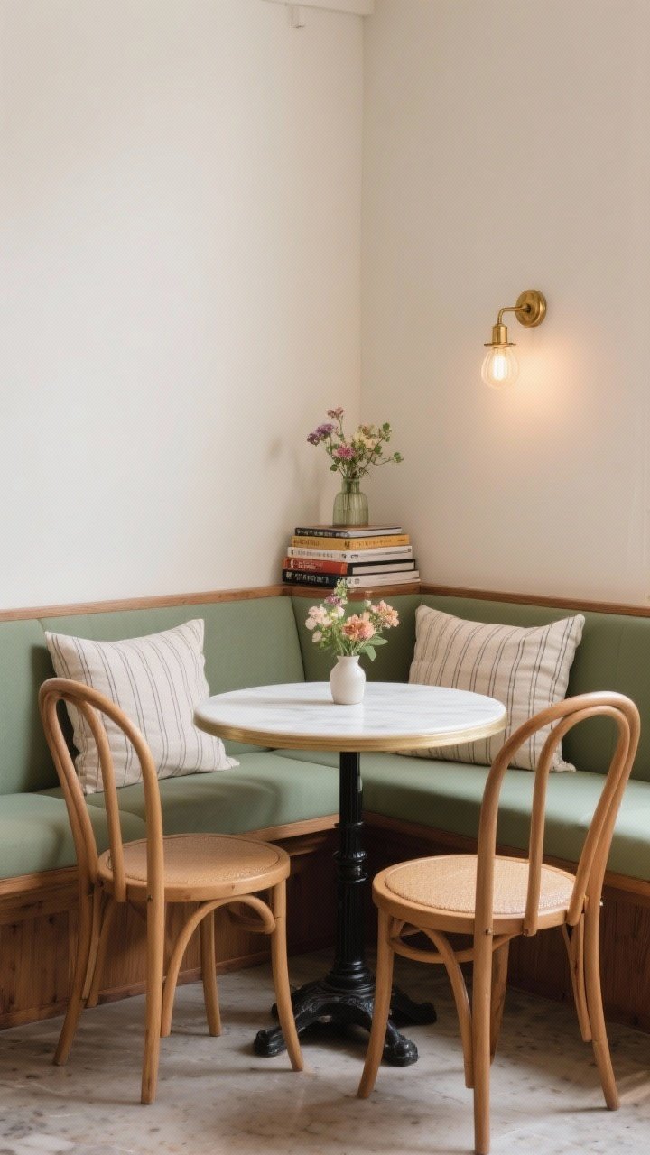 Photorealistic medium shot of a cozy café corner: a tiny round bistro table with two bentwood chairs, built-in bench with soft linen and ticking-stripe cushions, a small brass sconce casting warm light, and a petite vase with flowers atop a stack of favorite cookbooks; subdued palette of cream, sage, and warm wood; corner perspective for intimacy
