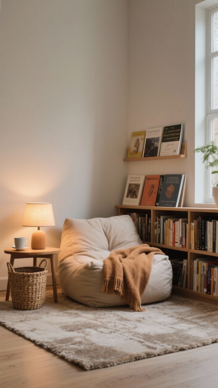 Photorealistic medium shot of a cozy reading corner: a supportive beanbag or mini armchair with a warm throw draped over it, a low forward-facing bookshelf displaying book covers, and a small side table with a cup and a woven basket for library books. A low, warm lamp providing inviting glow. Soft rug underfoot and calm, clutter-free setup. Shot from a slight side angle to emphasize invitation to sit.