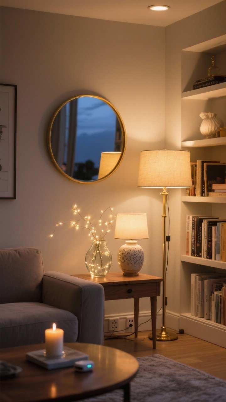 Photorealistic medium shot of a living room corner at dusk with warm, layered lighting: a brass floor lamp at one side, a ceramic table lamp on a wooden side table, and a glass vase filled with subtle fairy string lights on a bookshelf; warm white 2700K LED bulbs create a golden glow reflected softly in a round wall mirror; include a lit candle on the coffee table and smart plugs visible near the baseboard; mood is cozy, inviting, no overhead light on.