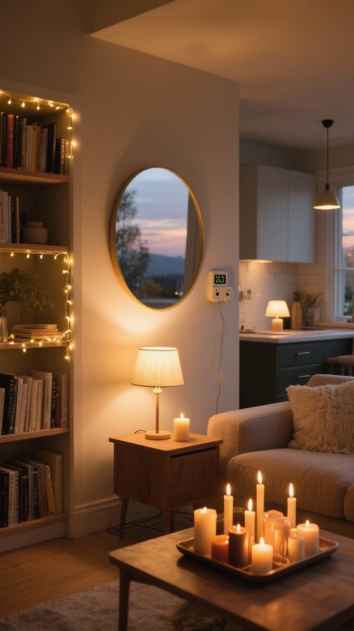 Photorealistic medium shot of a living room corner at dusk with soft, layered hygge lighting: warm white bulbs (2700K–3000K) in a small table lamp on a side table, a second tiny lamp on a kitchen-style counter visible in the background, and a cluster of assorted candles (varying heights and sizes, mix of wax and flameless) on a tray; a round mirror placed across from the lamp to bounce golden light; timers on plug-in fairy lights subtly glowing along a bookshelf. Palette warm and muted, no overhead lights, cozy golden-hour ambiance, no people.