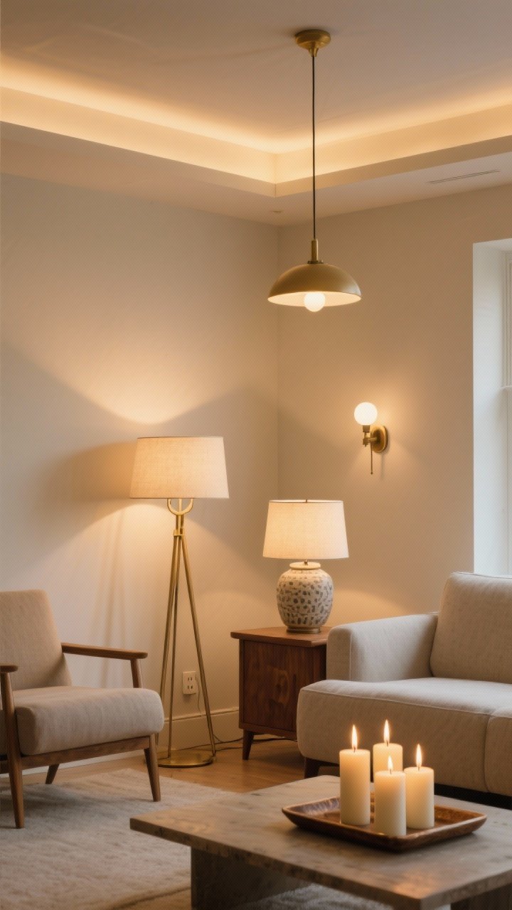 Photorealistic medium shot of a living room lighting scheme at golden hour: three light sources arranged for warm 2700–3000K glow—a brass floor lamp by a cozy reading chair, a ceramic table lamp on a wood side table, and a dimmed overhead pendant; plug-in sconces flank a corner alcove; a trio of candles grouped on a tray on the coffee table (real or flameless) casting soft accent light; warm white bulbs, no harsh glare; overheads turned low so pools of light create spa-like ambience; corner angle framing the layered lights and their soft shadows, calm neutral palette