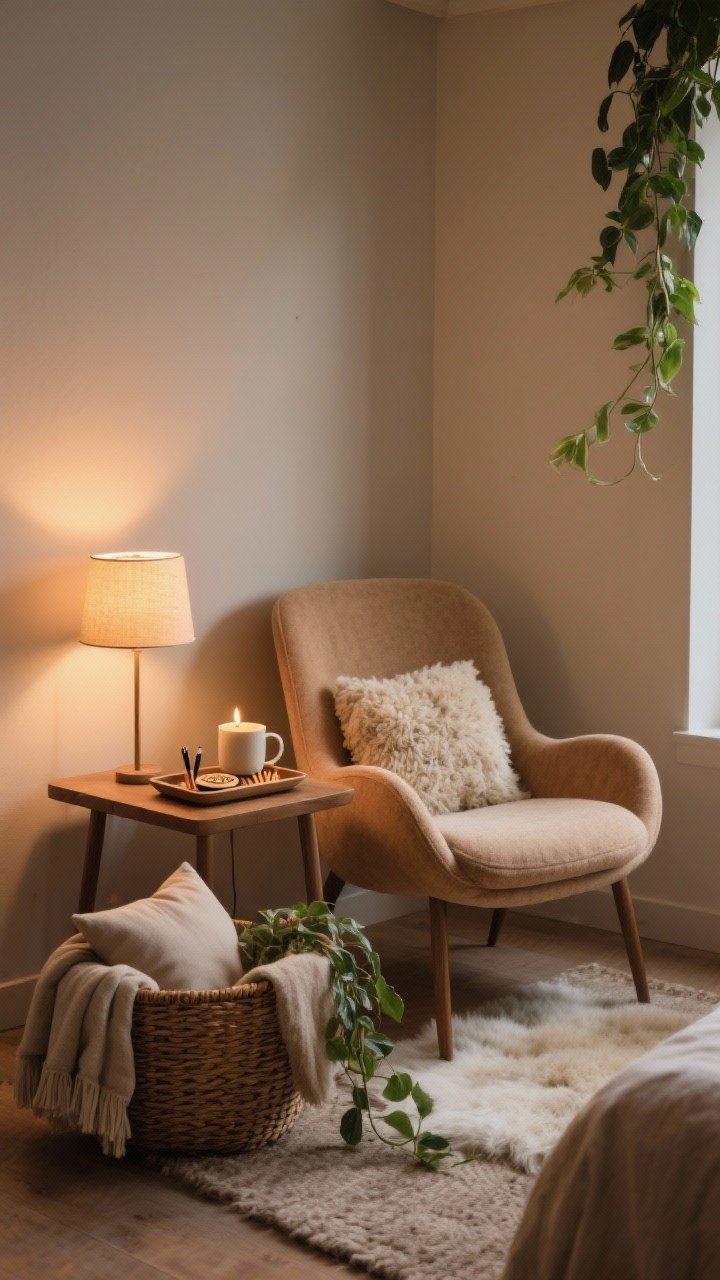 Photorealistic medium shot of a main-character nook: a curved, cozy accent chair next to a compact side table (tray table style) holding a warm-task-light lamp positioned slightly behind to avoid glare, a mug, a single candle, and a small ritual tray with matches, pen, and coaster; a sheepskin (faux or real) underfoot; a woven basket containing throw blankets and extra pillows; a trailing pothos plant adding life; calm oat and camel tones, corner angle, evening warmth