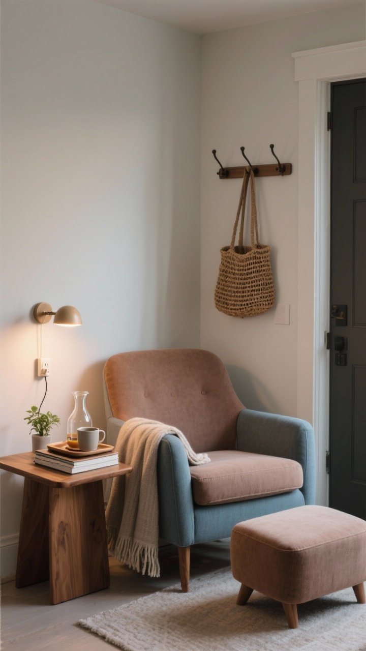 Photorealistic medium shot of a micro-retreat reading nook: a comfy upholstered chair in a muted clay or dusty blue, a warm wood side table with a carafe and book stack, a soft throw draped over the arm, and a footstool; a dimmable table lamp or plug-in sconce provides soft task lighting; nearby wall hooks with a woven tote hint at an entry landing pad, but surfaces remain half-empty for calm; tray with mug and a small plant for a tea/coffee ritual; corner angle composition creating a clearly defined comfort zone with negative space and soothing, grounded vibe