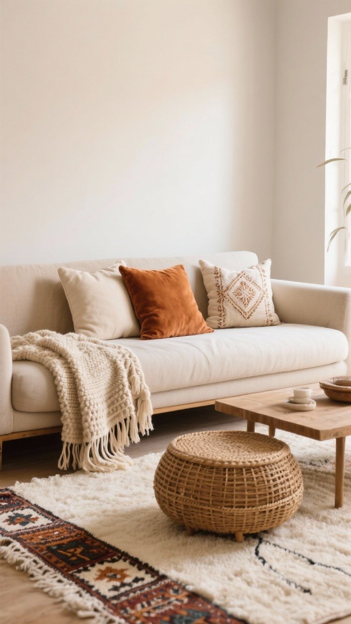 Photorealistic medium shot of a modern boho living room seating zone: a sleek low-profile neutral sofa in oatmeal against a warm white wall, layered textiles following the rule of three. A cream wool base rug topped with a patterned kilim runner, a woven rattan ottoman as a coffee table, and a tight palette of cream, camel, and rust. Closeup emphasis on textures: linen, velvet, and embroidered cotton pillows (2–3 colors max), plus one chunky knit throw and one lightweight Turkish blanket draped casually. Fringes and tassels appear on only one item to avoid clutter. Soft natural daylight from the side, matte finishes, curated not chaotic.