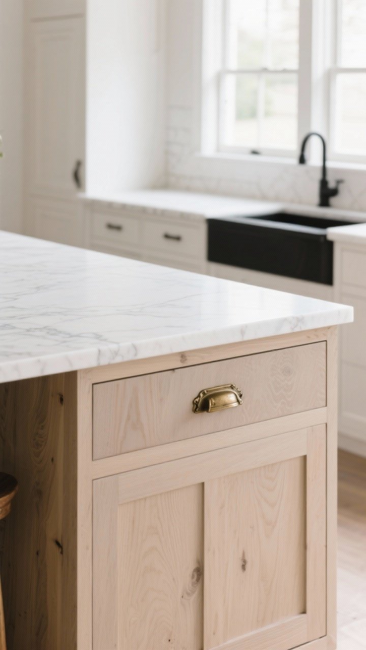 Photorealistic medium shot of a modern farmhouse kitchen island showcasing mixed materials: a warm white oak base with a matte finish paired with a crisp white quartz countertop with subtle veining, accented by black hardware. Soft natural daylight from nearby windows, clean modern lines, uncluttered surface, quiet luxury mood. Focus on the texture contrast between matte wood grain and honed stone, with antique brass hardware visible on a drawer front.