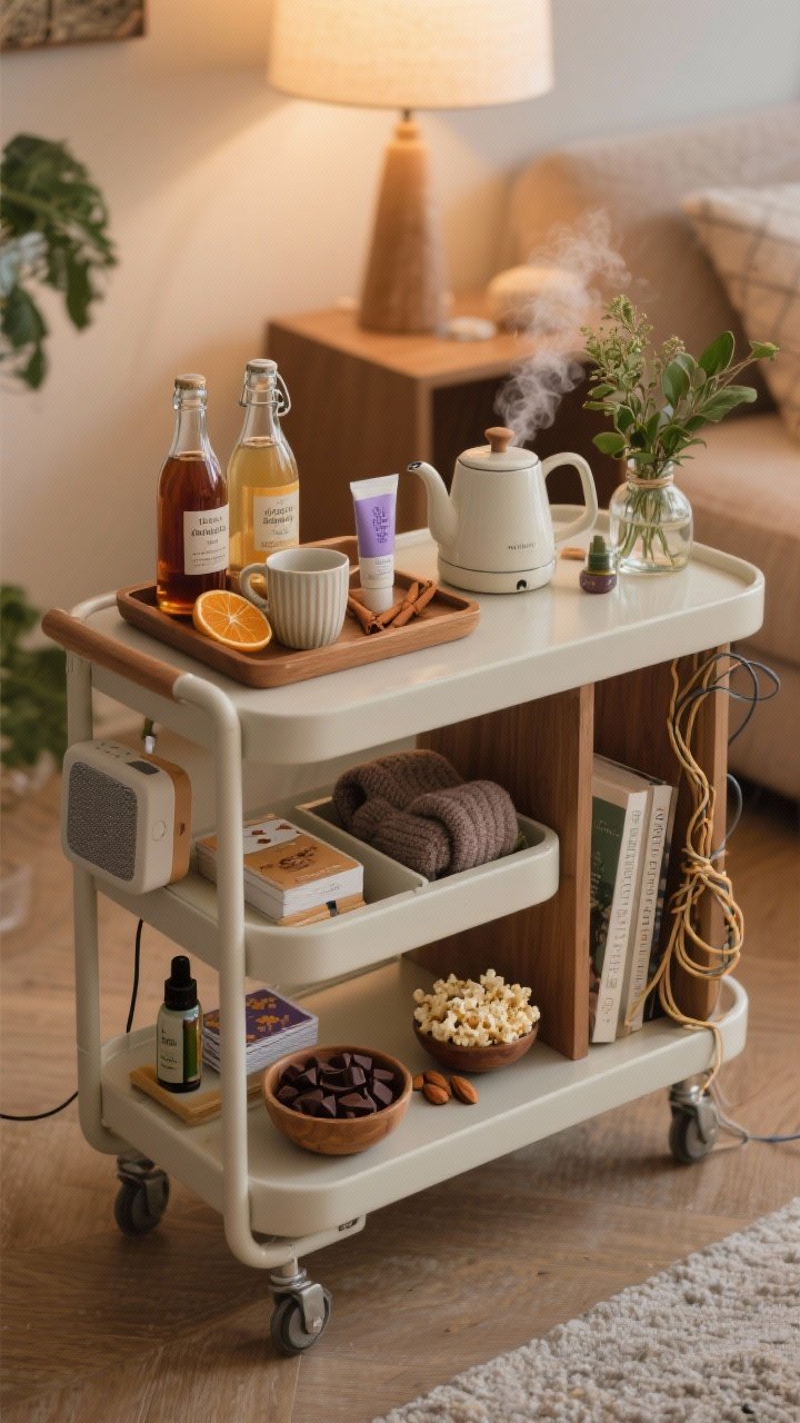 Photorealistic medium shot of a ritual cart styled for intentional evenings: a bar cart with tray dividers organizing a tea/mocktail setup—compact kettle, pretty mugs, syrups in glass bottles, dried citrus, cinnamon sticks; a tiny speaker; an essential oil diffuser emitting a soft mist (lavender/cedar/bergamot labeled bottles nearby); a comfort kit with hand cream, cozy socks, a deck of cards, and a current read; a small snack bowl with almonds, dark chocolate, popcorn; a bud vase with greenery; tidy cord management with twist ties; warm, cozy lighting, three-quarter angle