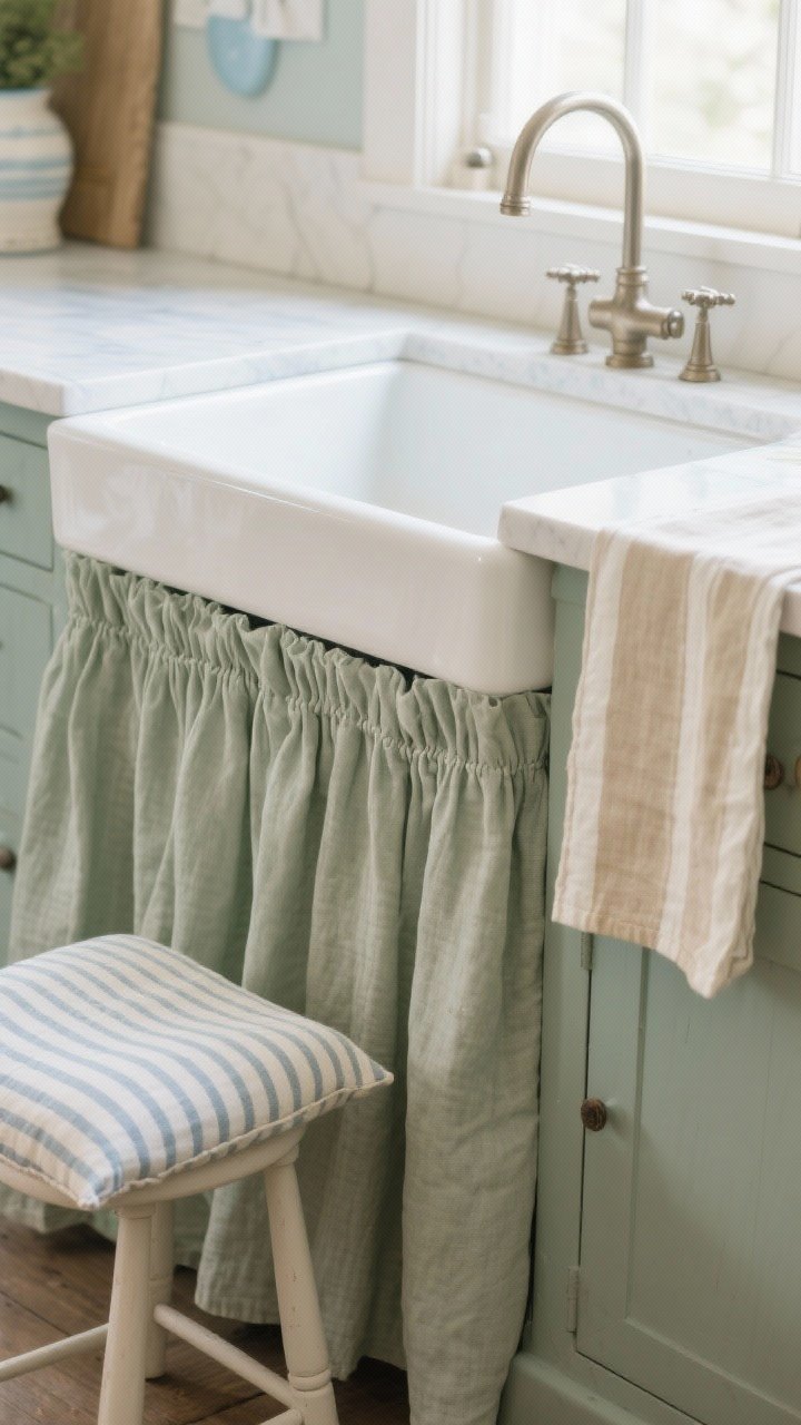 Photorealistic medium shot of a skirted farmhouse sink with soft linens: natural linen sink skirt in muted sage with simple, clean pleats, hiding storage below; complementary textiles include a buttercream striped linen tea towel and an oatmeal-toned table runner on a nearby counter; add a ticking-stripe cushion on a stool; avoid bright colors, keep the palette sage, faded blue accents, oatmeal, and buttercream; soft daylight filtering in to highlight the fabric weave and drape.