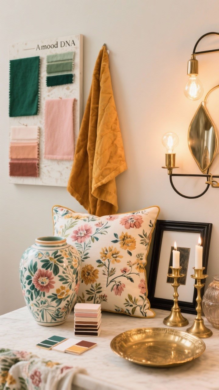 Photorealistic medium shot of a styled vignette that establishes a maximalist “mood DNA”: a palette board scene with emerald, blush, and saffron fabric swatches draped over a light wall, a recurring floral motif shown across a ceramic vase and a pillow sample, and mixed metals displayed as warm brass candlesticks with a touch of black metal picture frame; include a small stack of paint chips, a gilded tray, and a soft glow from warm bulbs to suggest cohesive, romantic Anthropologie vibes