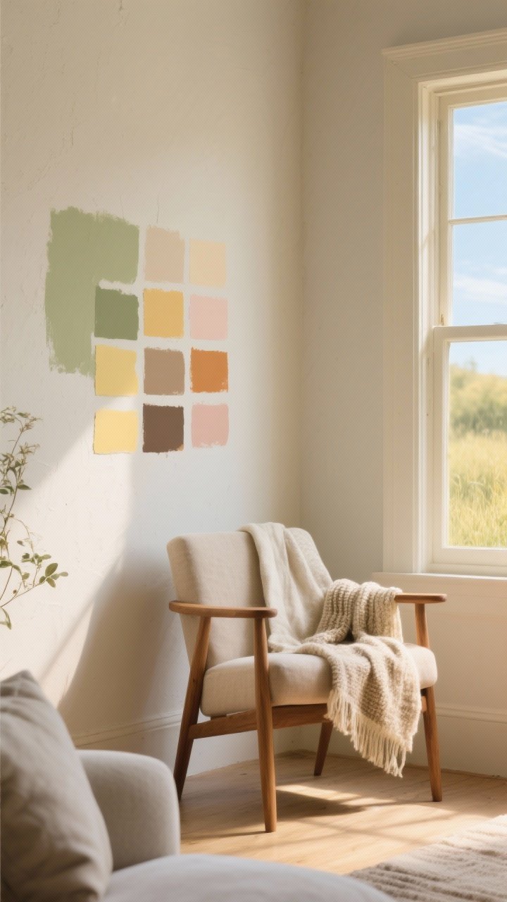 Photorealistic medium shot of a sunlit living room wall with paint swatches in soft sages, warm creams, mushroom taupes, butter yellows, and muted blush tested on matte plaster; include a small vignette of natural-fiber textiles—linen, cotton, and wool—draped over an oak chair to show the three-color formula (dominant neutral, soft green, warm accent like clay/ochre); morning golden natural light through a window, no blue tones, calm meadow-inspired palette.