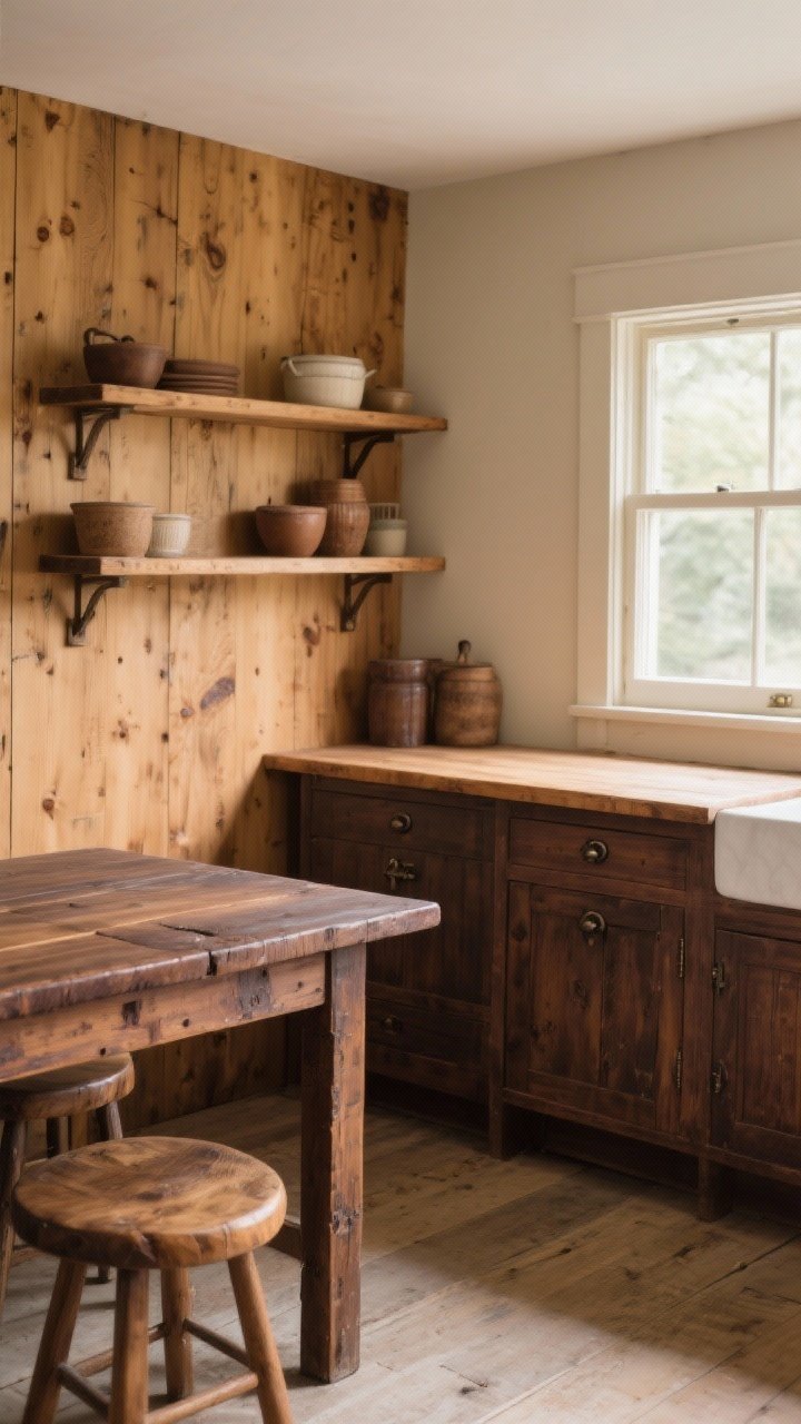 Photorealistic medium shot of a vintage-inspired kitchen corner featuring warm woods and timeworn finishes: a matte-finished walnut butcher block island with subtle edge wear, mid-tone pine wall shelves, and a darker walnut farmhouse table nearby; include oak stools with softened patina, satin sheen on wood surfaces (not glossy), gentle scuffing around drawer pulls and handles; soft natural morning light from a side window emphasizing grain and patina; color palette of honey, chestnut, and deep walnut tones; no other decor focus besides the wood mix and finishes.