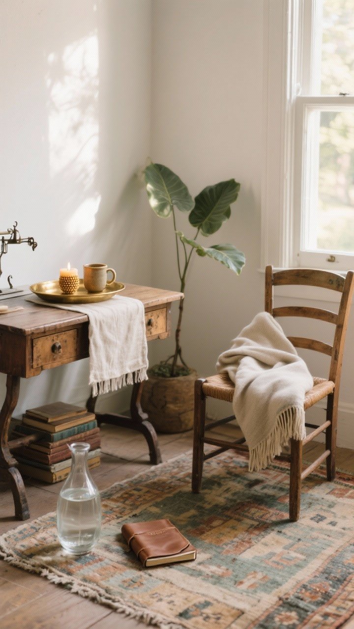 Photorealistic medium shot of a wellness ritual nook in a sunny corner: a small vintage sewing desk with a linen runner, brass tray holding a beeswax candle and ceramic mug, a thrifted ladder-back chair draped with a cushy throw, a faded kilim rug grounding the area, a single leafy plant, a carafe of water, and a leather-bound journal; aged wood, patinaed brass, and worn book textures; soft morning light, calm mood, no clutter, shot from a slight corner angle.