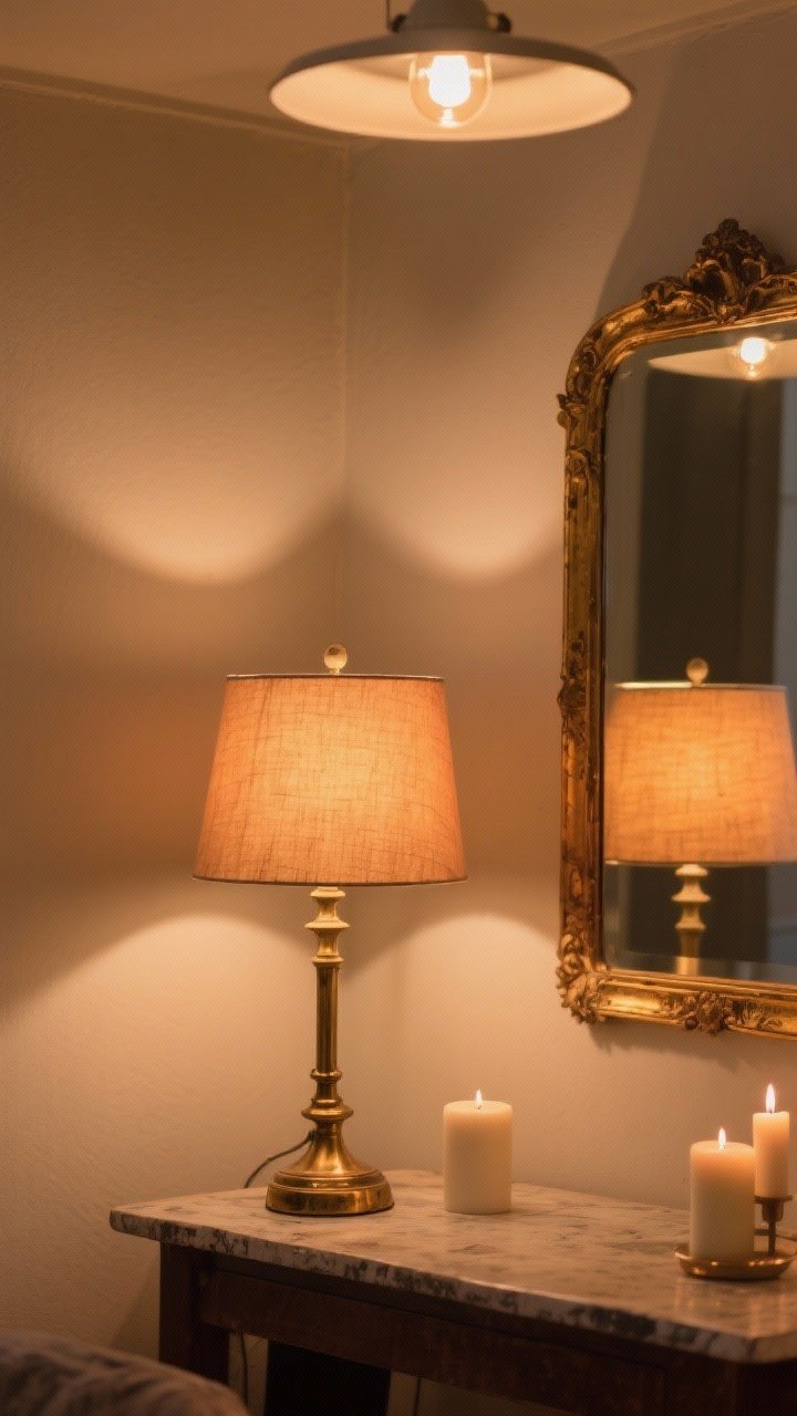 Photorealistic medium shot of circadian-friendly lighting: a thrifted brass table lamp fitted with a warm-dimming smart bulb under a parchment shade diffuser, amber-toned bulb glow after dusk, layered lighting with a dim overhead fixture, candles for ambiance, and a gilded patina mirror reflecting the soft light; warm, cozy atmosphere, matte walls in warm neutrals, shot straight-on to capture lamp, mirror, and gentle shadows.