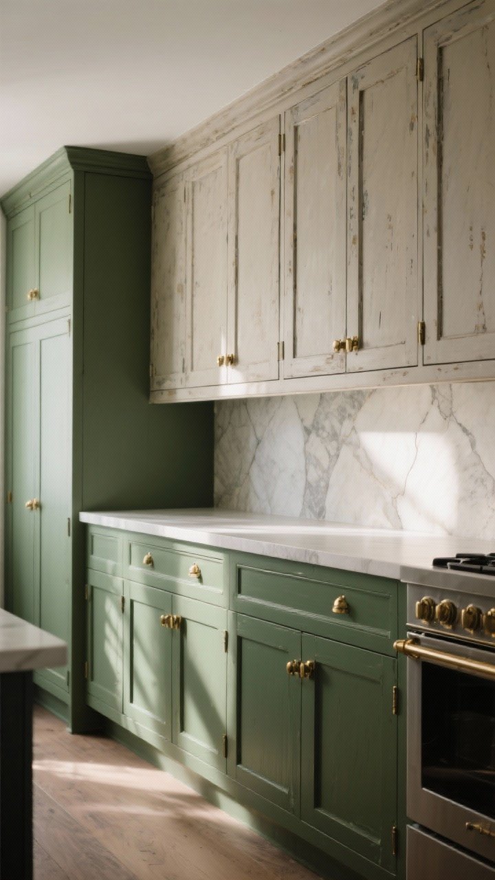 Photorealistic medium shot of painted kitchen cabinets with personality: two-tone scheme with deep olive base cabinets and lighter, stone-toned uppers in a matte finish; subtle edge distressing for a lived-in feel; heritage color palette; brass hinges catching a soft glow; afternoon natural light to show low sheen and authentic texture; slight angled view down the run of cabinets