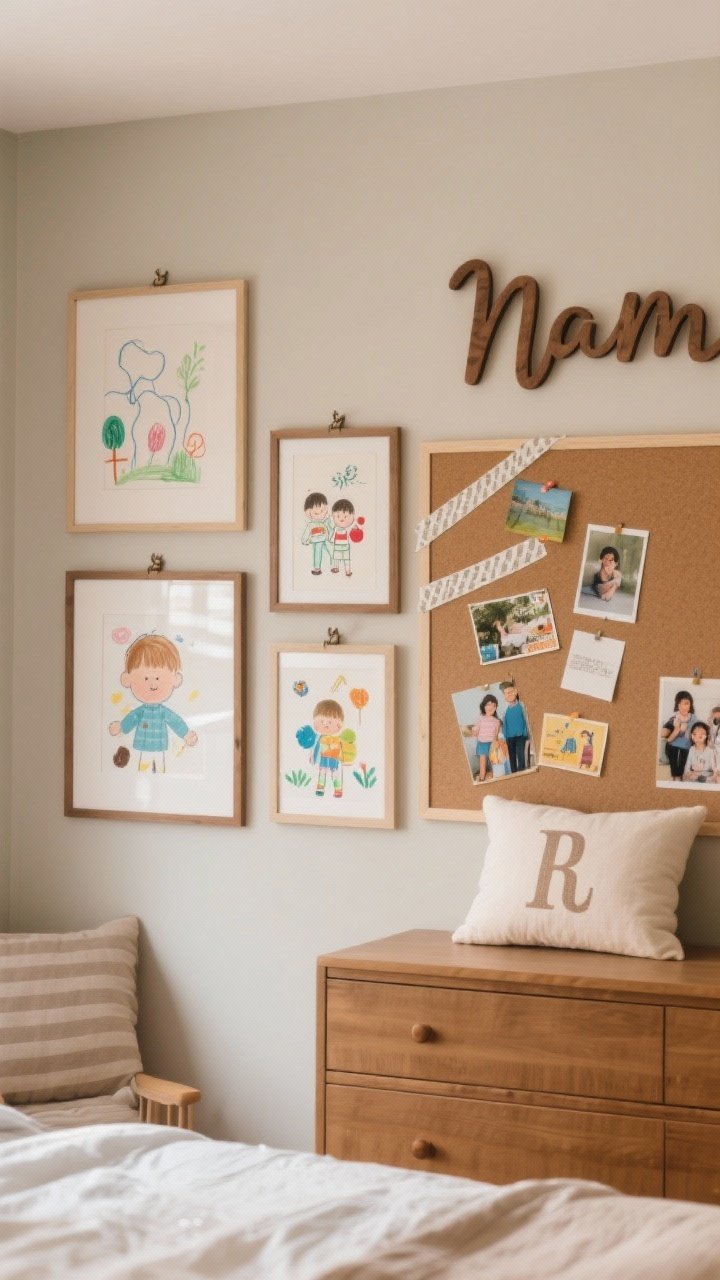 Photorealistic medium shot of personalized wall and textiles: a relaxed gallery wall mixing framed kids’ drawings, postcards, and family photos alongside washi-taped art; a cork or magnet board with kid-curated pieces; and a name moment such as a wooden name sign above a dresser or an initial pillow on the bed. Frames with front-opening clips subtly visible. Soft, warm lighting that feels homey and sentimental.