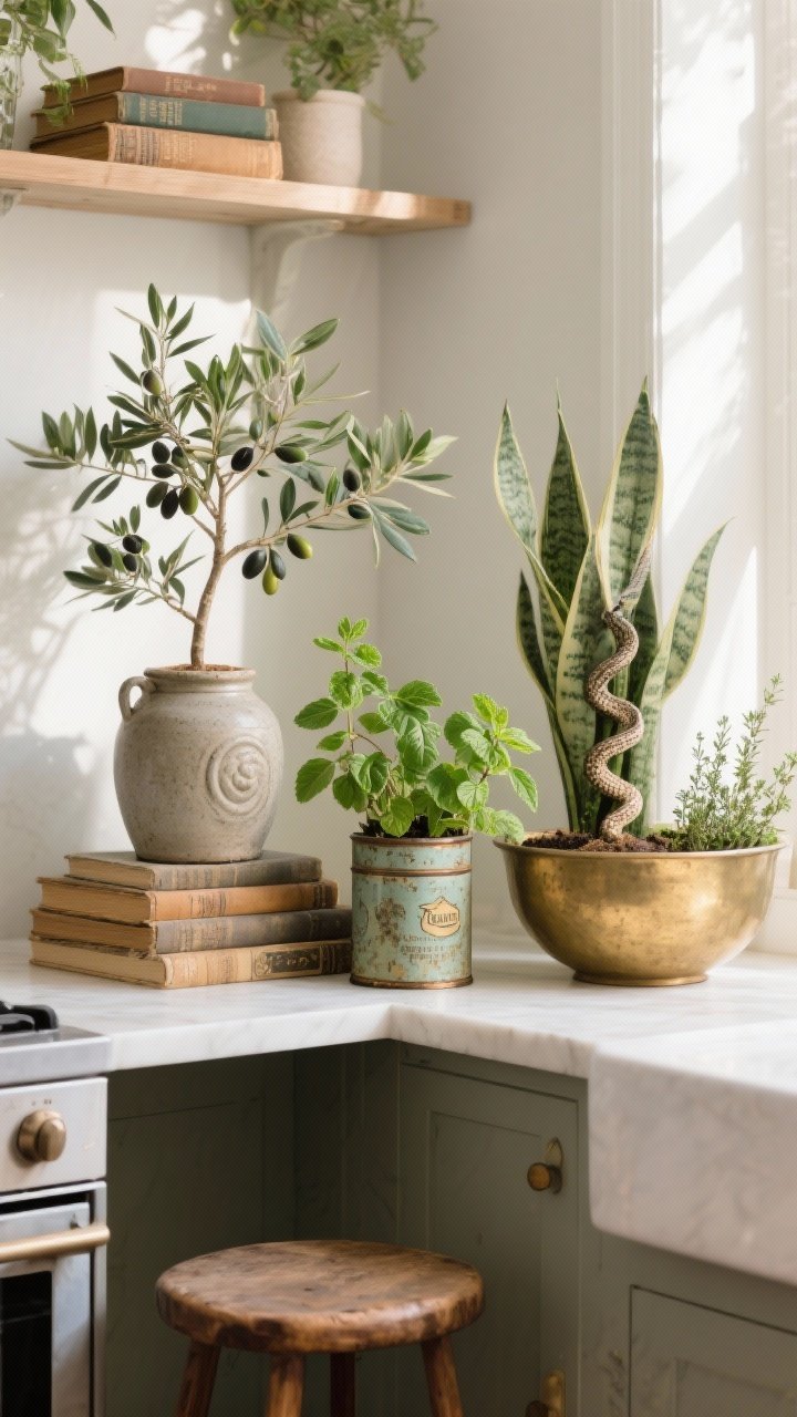 Photorealistic medium vignette of plants in antique vessels: an olive jar holding a delicate potted olive tree, a stoneware crock with a sculptural snake plant, vintage tea tins planted with bright herbs (basil, mint, thyme) on a sunlit kitchen shelf, and a brass bowl used as a cachepot with a nursery pot tucked inside; clustered in odd numbers with varied height on stacked vintage books and a small wooden stool; crisp natural daylight, side angle.