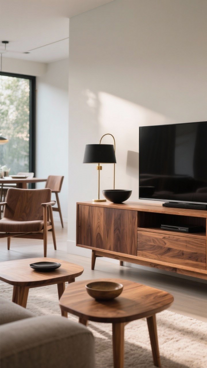 Photorealistic medium-wide shot of a living room vignette mixing warm woods: dominant walnut media console, lighter teak side tables, and a medium-tone dining chair visible in background; accents in matte black and brushed brass (lamp arm, bowl rim) to balance the wood; harmonious repetition of finishes at least twice; soft afternoon light creating gentle contrast without making the space feel heavy