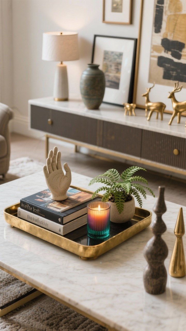 Photorealistic overhead detail shot of a coffee table vignette: a large brass-edged tray corralling two or three stacked art books topped with a quirky ceramic hand, a colored glass candle glowing warmly, and a small sculptural plant (pilea or fern); nearby, glimpse of a console styled symmetry-ish with a lamp on one side, tall vase on the other, layered framed art leaning for depth, and a small group of brass animal figurines; three distinct heights visible across surfaces