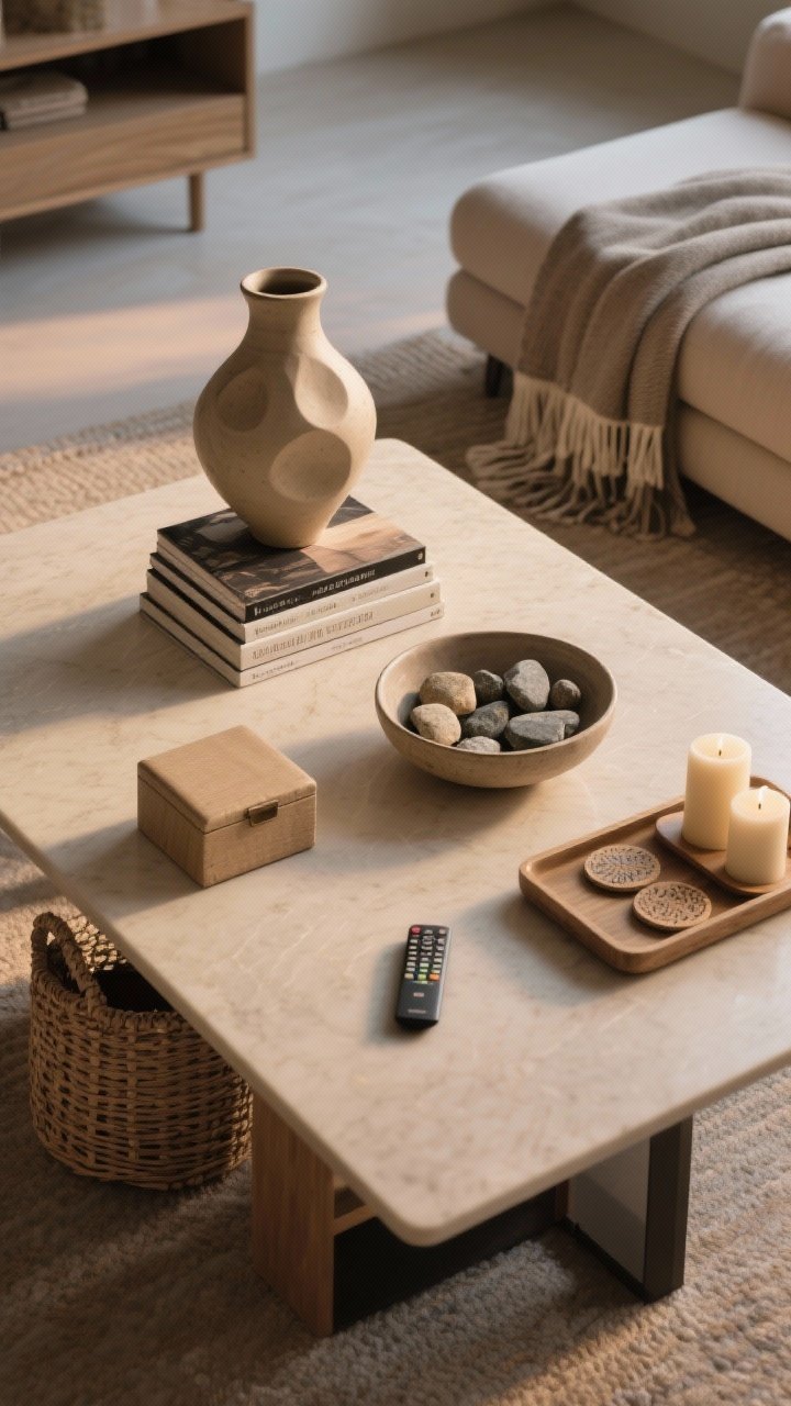 Photorealistic overhead detail shot of a curated coffee table surface: one hero object—a sculptural ceramic vase—paired with a neatly stacked set of books and a small, lidded box to contain remotes; a shallow bowl of travel-collected stones as a personal anchor; nearby woven basket for blankets on the floor edge of frame; a tray grouping two candles and coasters for tidy containment; negative space left around items so the arrangement can breathe; warm neutral palette with soft shadows from ambient evening light, minimalist yet soulful composition
