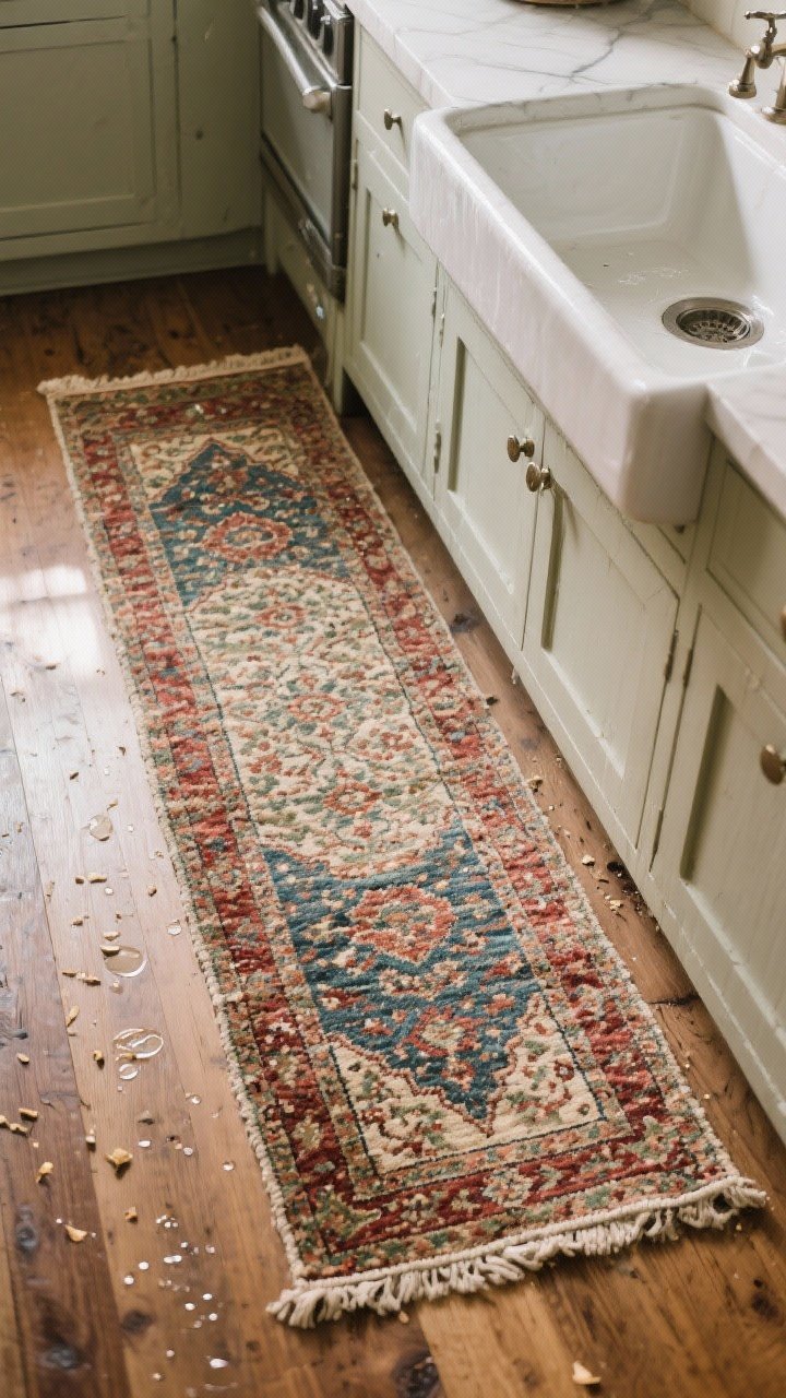 Photorealistic overhead detail shot of a Persian-inspired kitchen runner layered in front of a farmhouse sink: low-pile, washable vintage-style rug with muted, timeworn pattern in faded reds, blues, and olives; subtle crumbs and a few water droplets to hint at real-life use; matte wood floorboards surrounding it; soft afternoon light grazing the rug texture to show weave and durability; the runner visually defining the work zone.