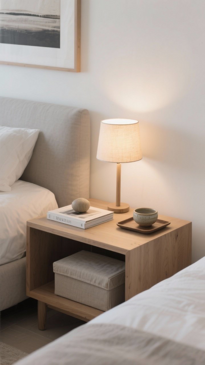 Photorealistic overhead detail shot of an edited nightstand styled like a pro: one warm-lit lamp, a single hardcover book, and one decorative object (a small ceramic bowl on a tray); nearby, a fabric-lidded catch-all box on a lower shelf; background shows negative space and a calm wall with one large framed art piece over the bed (partially visible); color palette warm white, greige, natural wood; lighting soft and even to emphasize restraint and lack of clutter